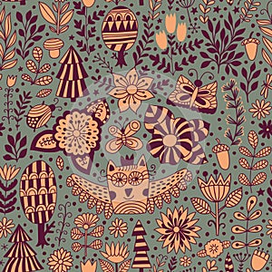 Vector floral seamless pattern with forest