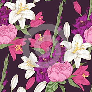 Vector floral seamless pattern with gladiolus flowers, lilies and roses