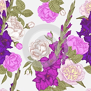 Vector floral seamless pattern with gladiolus flowers, roses and peonies