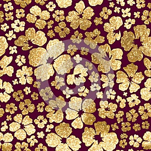 Vector floral seamless pattern with gold glitter flowers on purple background