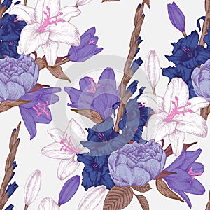 Vector floral seamless pattern with hand drawn gladiolus flowers, lilies and roses