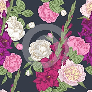 Vector floral seamless pattern with hand drawn gladiolus flowers, roses and peonies