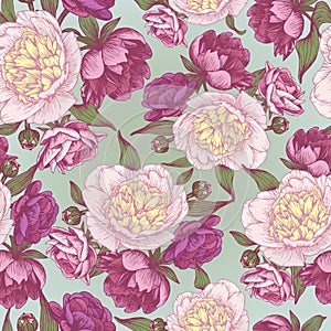 Vector floral seamless pattern with hand drawn pink and white peonies.