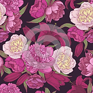 Vector floral seamless pattern with hand drawn pink and white peonies, red lilies.