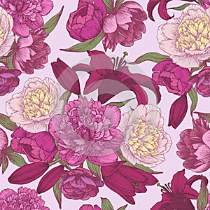 Vector floral seamless pattern with hand drawn pink and white peonies, red lilies