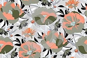 Vector floral seamless pattern. Khaki and coral colored flowers isolated on a light gray background.