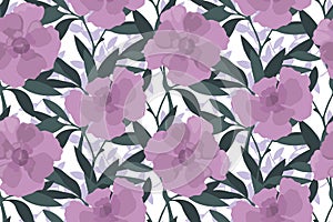 Vector floral seamless pattern. Lilac flowers with green twigs and leaves on a white background.