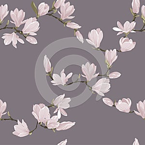 Vector floral seamless pattern of magnolia set. Floral pink images on a violet background. Textile design elements.