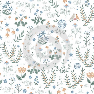 Vector floral seamless pattern with meadow plants, flowers and birds, doodle scandinavian background