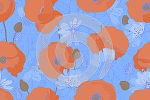 Vector floral seamless pattern. Orange poppies, blue chicory, succory with beige buds
