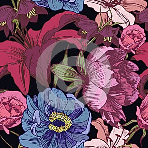 Vector floral seamless pattern with peonies, lilies, roses photo
