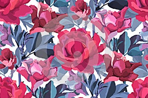 Vector floral seamless pattern. Pink, burgundy, maroon, purple garden roses, blue branches with leaves isolated on white.