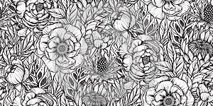 Vector floral seamless pattern. Romantic elegant endless background with hand drawn peony, feverweed, protea flowers
