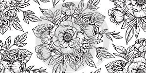 Vector floral seamless pattern. Romantic elegant endless background with hand drawn peony flowers