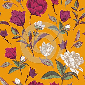 Vector floral seamless pattern with roses, tulips and chrysanthemum on orange background