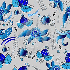 Vector floral seamless pattern in russian style with birds