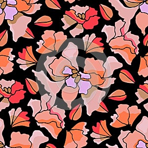 Vector floral seamless pattern. Stylized abstract flowers on a black background.