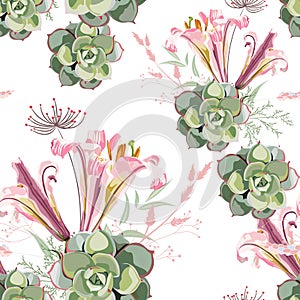 Vector floral seamless pattern with summer herbs, succulent and pink royal lilies.