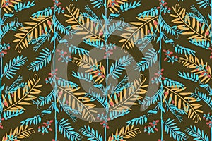 Vector floral seamless pattern. Turquoise, yellow twigs and leaves, red flowers on a khaki background.