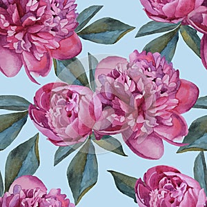 Vector floral seamless pattern with watercolor purple peonies.