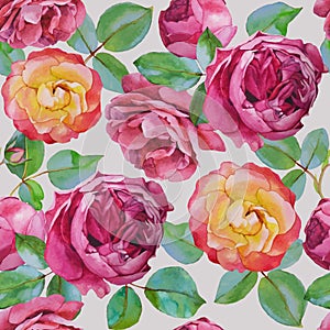 Vector floral seamless pattern with watercolor roses on beige background.