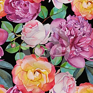 Vector floral seamless pattern with watercolor roses and peonies.