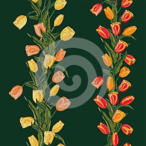 Vector floral seamless pattern whit red, orange, peach and yellow tulip.