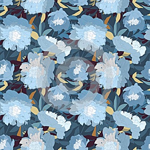 Vector floral seamless pattern. White and blue peonies, blue and beige leaves on a deep blue background.