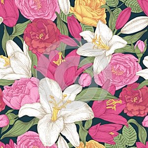 Vector floral seamless pattern with white and red lilies, pink and yellow roses.
