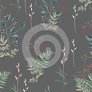 Vector floral seamless pattern with wild meadow flowers, herbs, grasses, leaves and branch of berries.