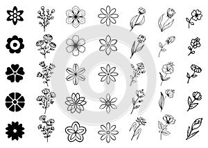 vector floral set. Black outline stylized flowers isolated on white background