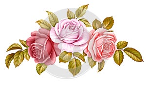 Vector floral set bouquet bunch of pink, red, blue white vintage rose flowers green golden leaves isolated on white background. Di