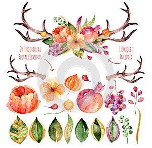 Vector floral set. Colorful purple floral collection with leaves, horns and flowers, drawing watercolor+colorful floral bouquet wi