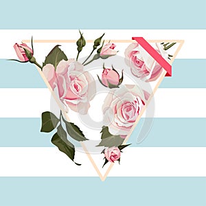 Vector floral triangle shape frame with pink roses on blue striped background