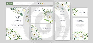 Vector floral wedding card template set. Invite, menu, rsvp, thank you, details. White eustoma flowers, jasmine, green eucalyptus
