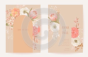 Vector floral wedding invitation card, dry flowers template design with dahlia, anemone, frame set