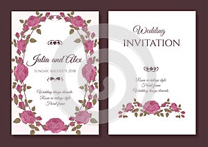 Vector floral wedding invitation card with frame of pink roses