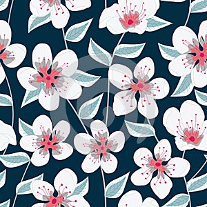 Vector Floral with White and Pink Flowers with Green Leaves on Blue Seamless Repeat Pattern