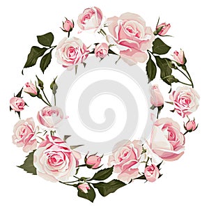 Vector floral wreath with roses. Flowered frame with pink flowers for wedding day or st. valentines day