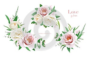 Vector flower bouquet set. Watercolor style pink peony flowers, cream rose, green leaves editable illustration. Floral wedding