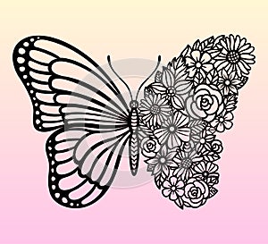 Vector flower butterfly. Insect silhouette. Template for laser and paper cutting