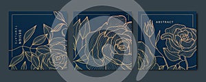 Vector flower gold art background, abstract luxury floral line pattern. Roses and leaves illustration, vintage beauty