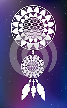 Vector Flower of Life Dreamcatcher on Galaxy Background
