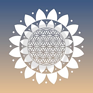 Vector Flower of Life Symbol and Lotus Flower on a Natural Background