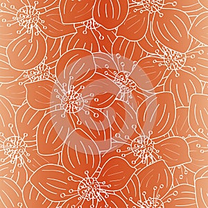 Vector Flower Outlines in White Scattered on Orange Ombre Background Seamless Repeat Pattern. Background for textiles