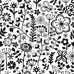 Vector flower pattern. Black and white seamless botanic texture, detailed flowers illustrations. All elements are not cropped and