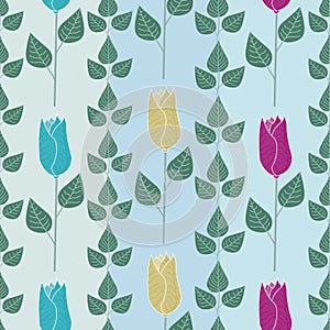 Vector Flowers in Blue Pink Yellow with Green Leaves on Blue Aqua Green Stripes on Seamless Repeat Pattern. Background