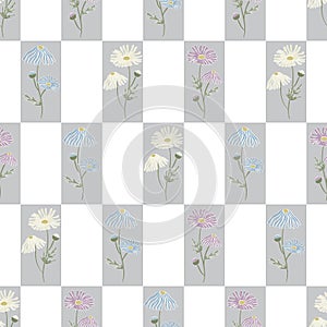 Vector Flowers Daisies in Purple Blue White with Green Leaves on Gray White Background Seamless Repeat Pattern