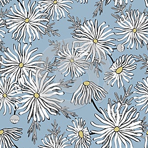 Vector Flowers Daisies in White Yellow Black with Gray Leaves Scattered on Blue Background Seamless Repeat Pattern