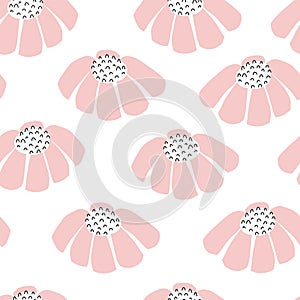 Vector flowers seamless repeating background. Scattered florals pattern. Flat pink simple doodle flowers on white. Scandinavian